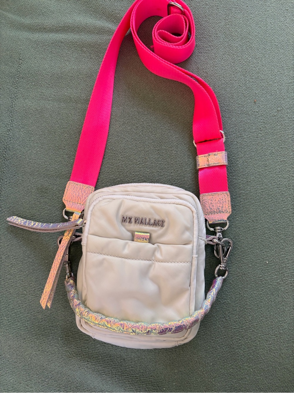 MZ Wallace 'Unicorn' MiniCrosby white  with Neon Pink Strap and iridescent trim